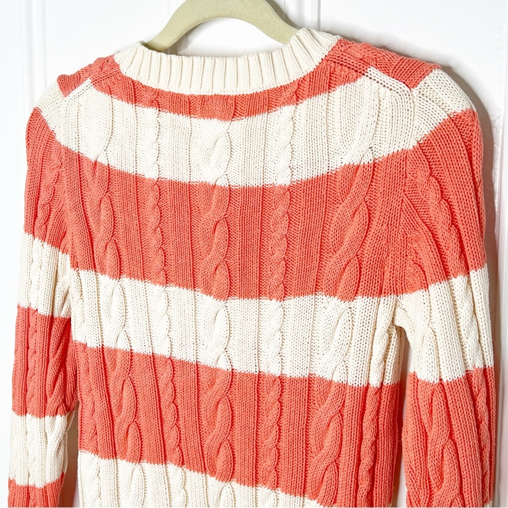 J. Crew Striped Cable Knit Cotton Sweater Cream Coral Salmon Size Medium - Picture 4 of 7